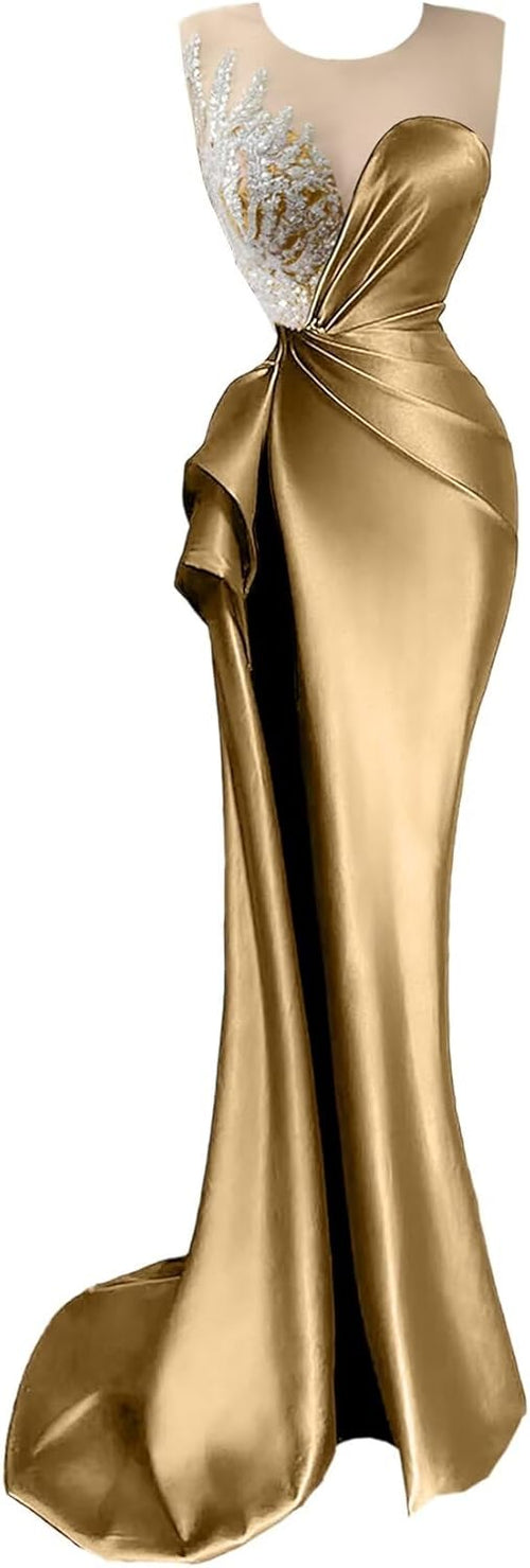 Beaded Prom Dresses for Women Deep V-Neck Mermaid Formal Dress with Slit Sexy Evening Gowns DR0344