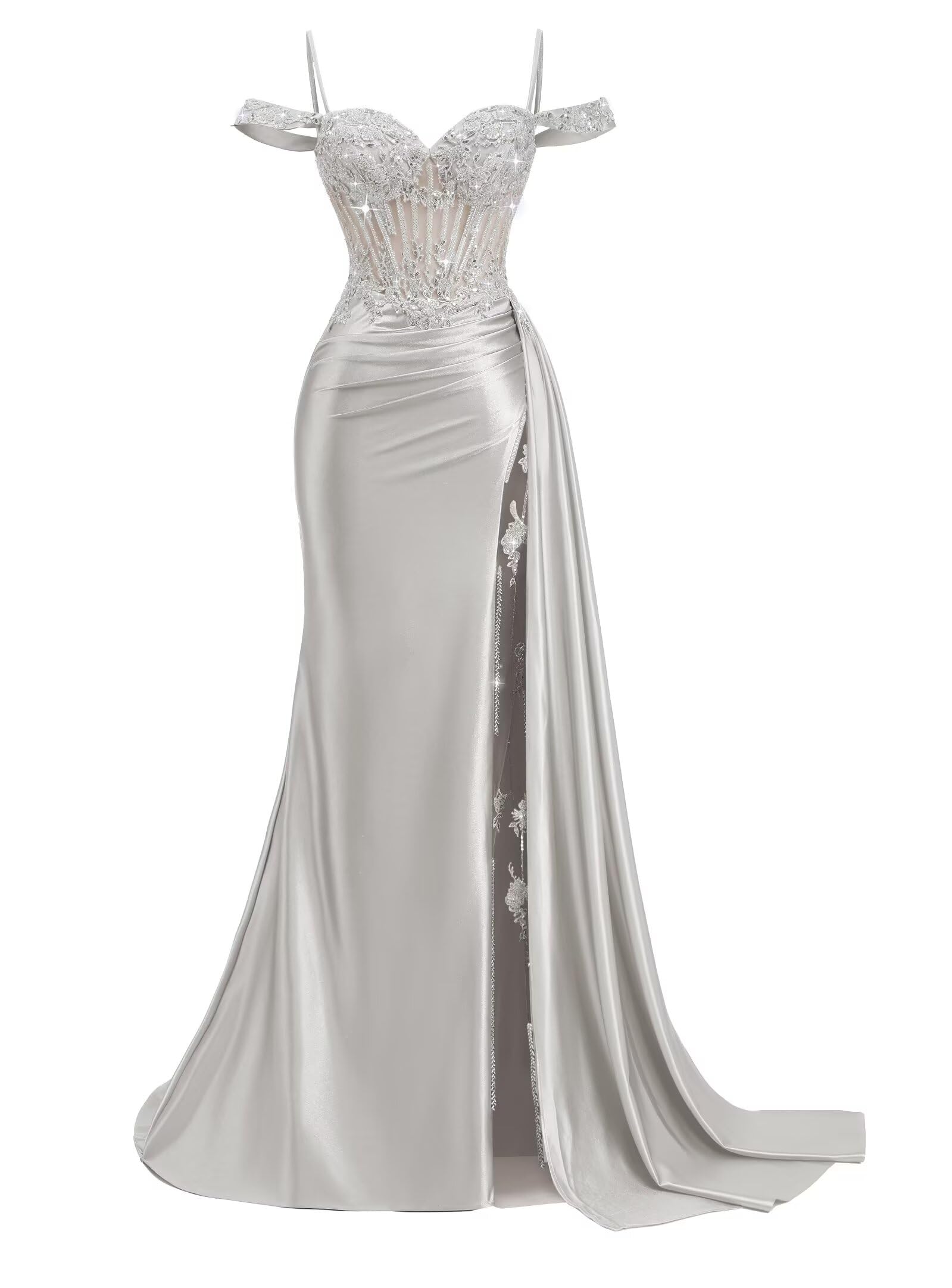 Off Shoulder Satin Prom Dresses 2026 Mermaid Beaded Formal Dresses Corset Lace Pleated Evening Dress with Slit Tail