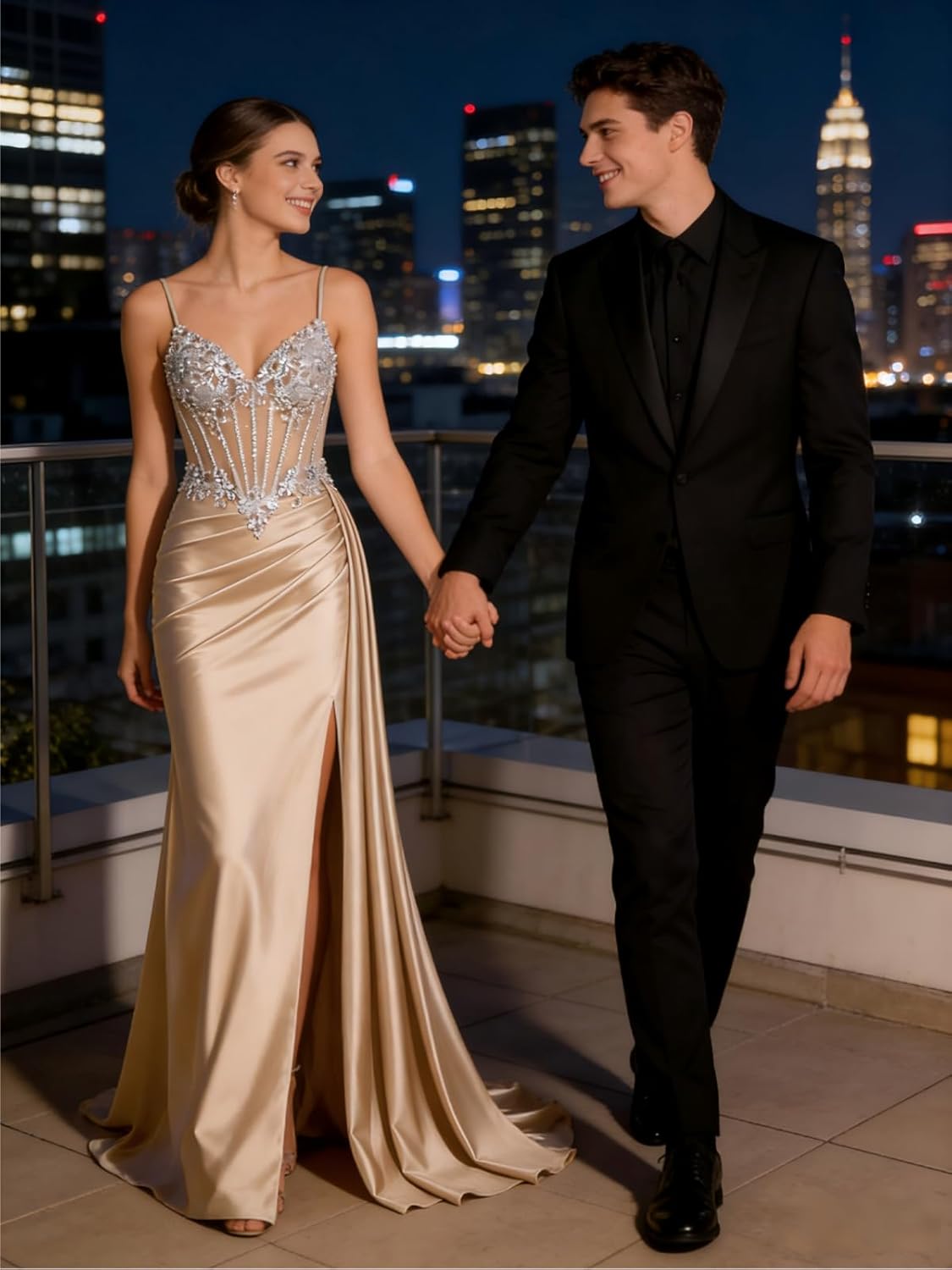 Beaded Prom Dresses for Teens 2026 Mermaid Long Formal Evening Dress with Side Slit