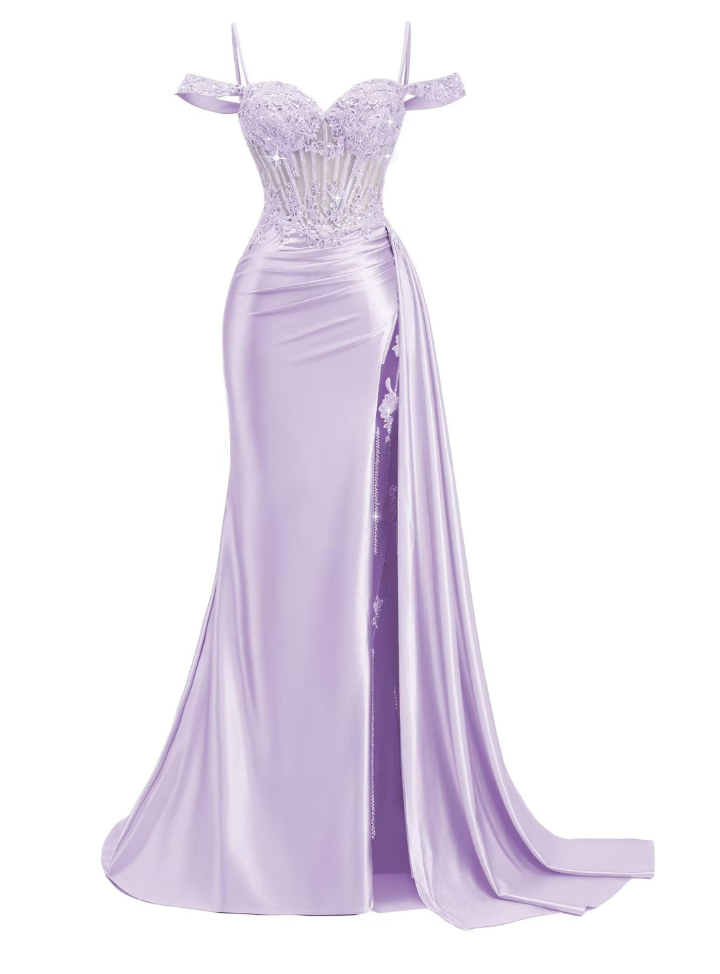 Off Shoulder Satin Prom Dresses 2026 Mermaid Beaded Formal Dresses Corset Lace Pleated Evening Dress with Slit Tail