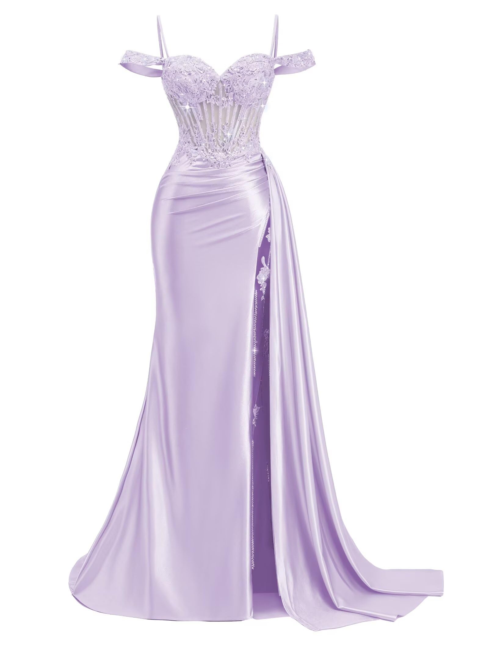 Off Shoulder Satin Prom Dresses 2026 Mermaid Beaded Formal Dresses Corset Lace Pleated Evening Dress with Slit Tail