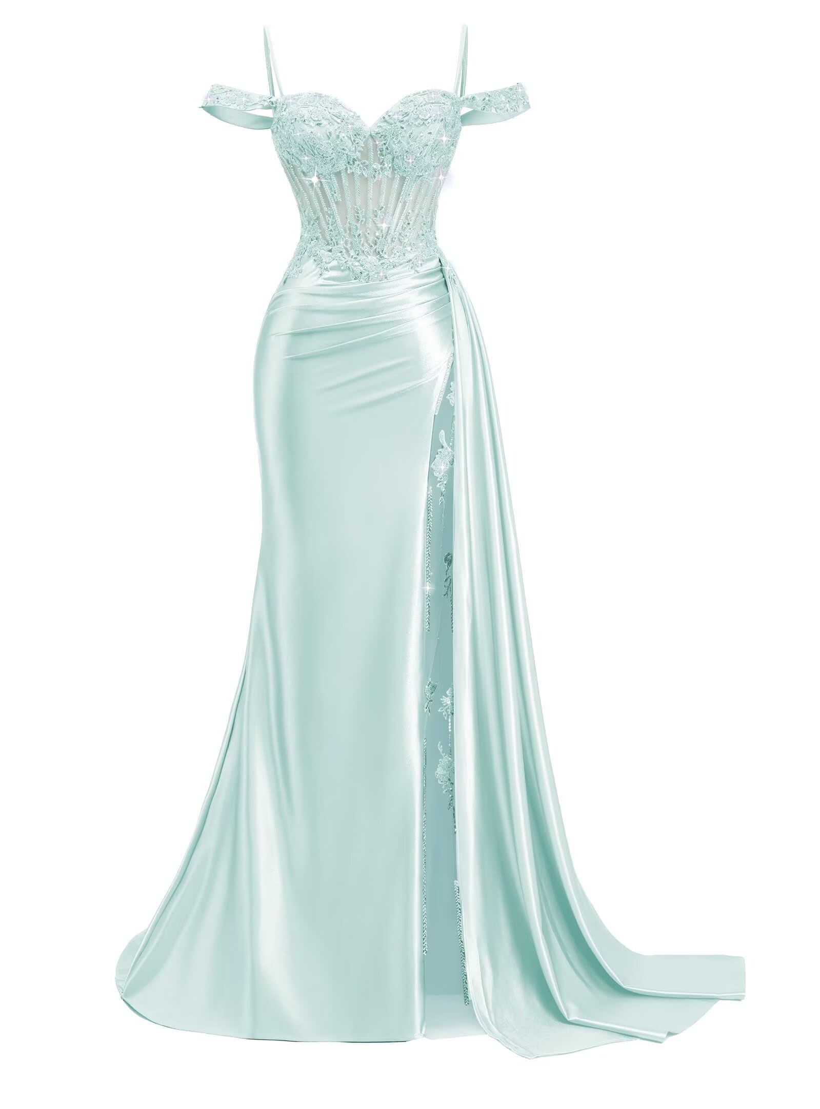 Off Shoulder Satin Prom Dresses 2026 Mermaid Beaded Formal Dresses Corset Lace Pleated Evening Dress with Slit Tail