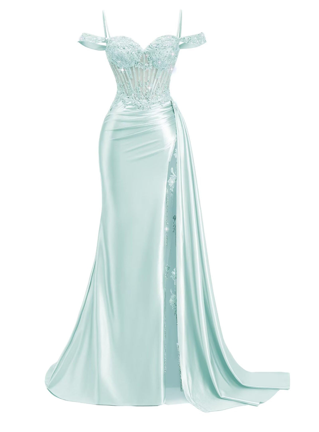 Off Shoulder Satin Prom Dresses 2026 Mermaid Beaded Formal Dresses Corset Lace Pleated Evening Dress with Slit Tail