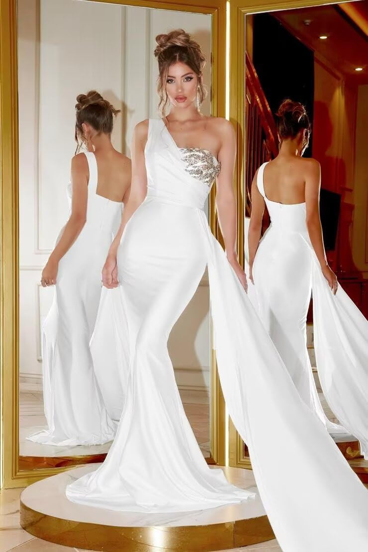 One Shoulder Mermaid Bridesmaid Dresses for Wedding Long Satin Prom Dresses Beaded Lace Appliques Formal Evening Party Gowns