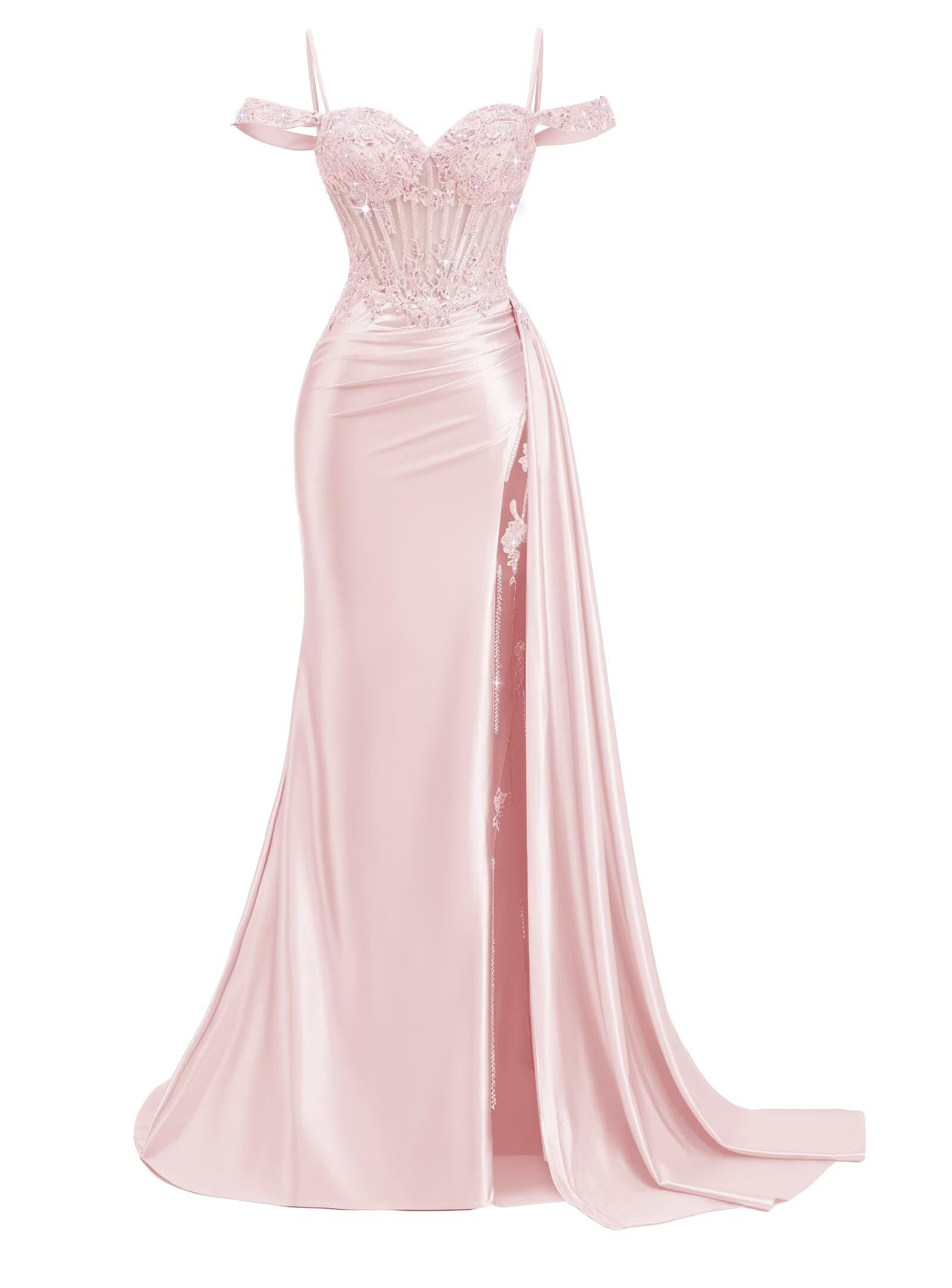 Off Shoulder Satin Prom Dresses 2026 Mermaid Beaded Formal Dresses Corset Lace Pleated Evening Dress with Slit Tail