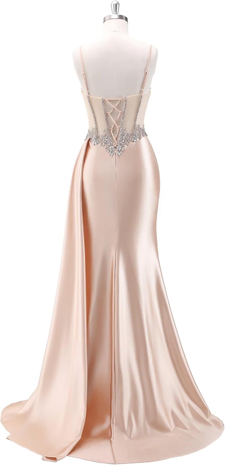 Beaded Prom Dresses for Teens 2026 Mermaid Long Formal Evening Dress with Side Slit