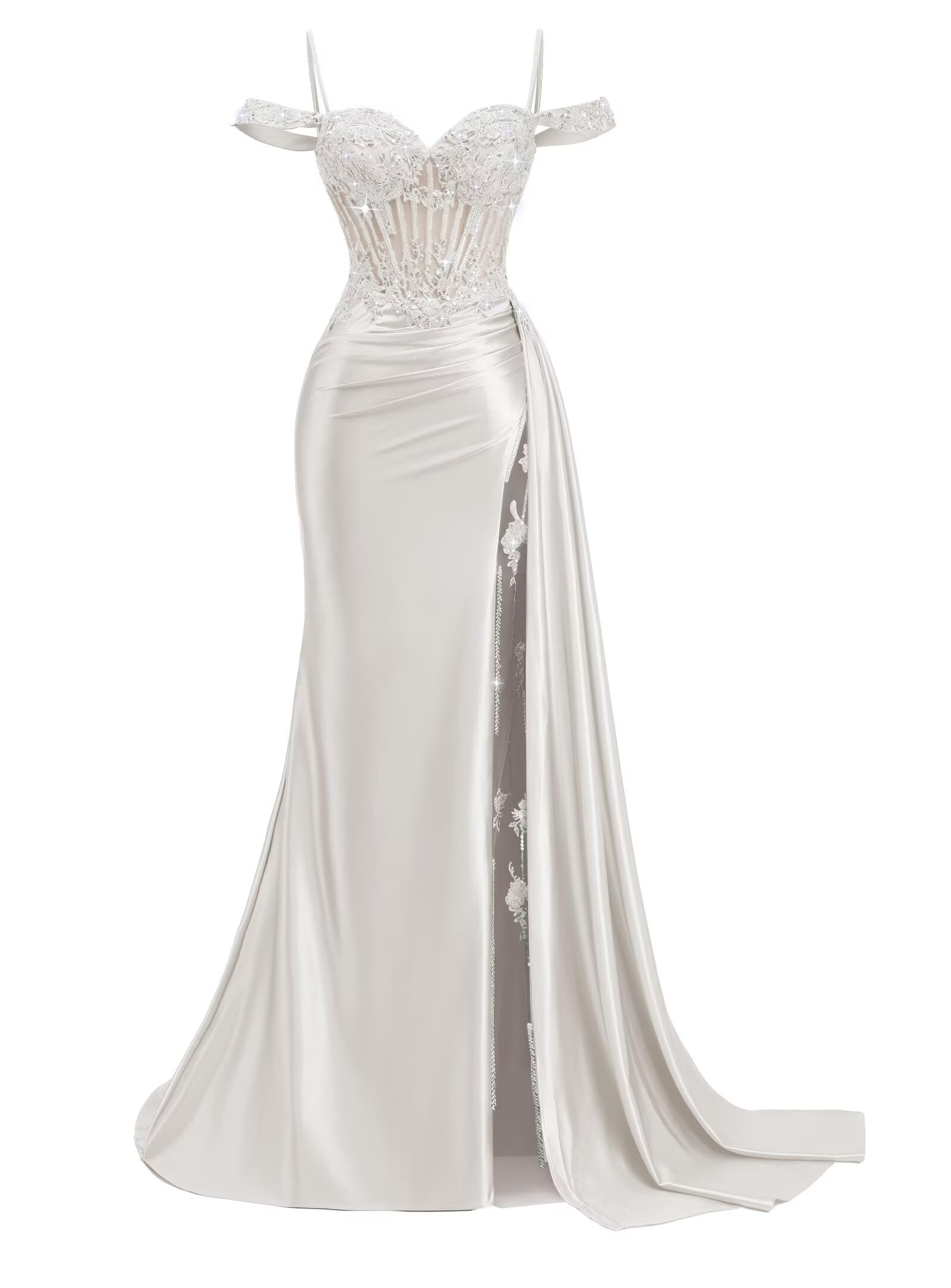 Off Shoulder Satin Prom Dresses 2026 Mermaid Beaded Formal Dresses Corset Lace Pleated Evening Dress with Slit Tail