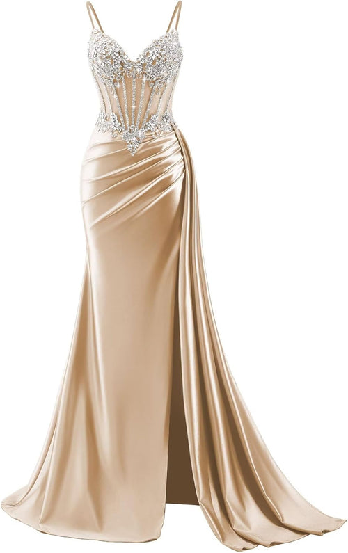 Beaded Prom Dresses for Teens 2026 Mermaid Long Formal Evening Dress with Side Slit
