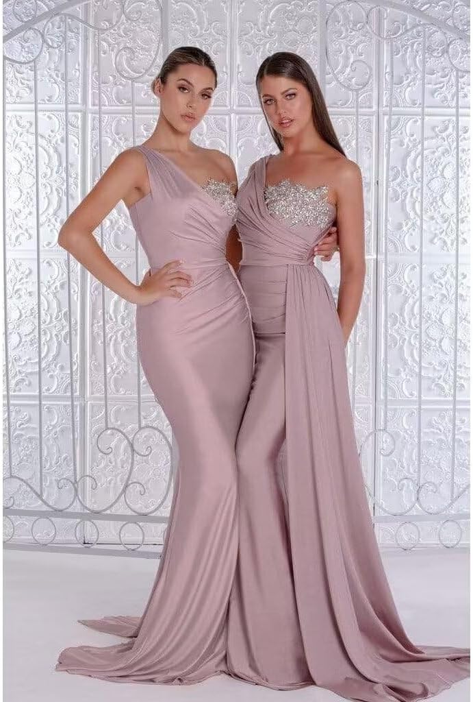 One Shoulder Mermaid Bridesmaid Dresses for Wedding Long Satin Prom Dresses Beaded Lace Appliques Formal Evening Party Gowns