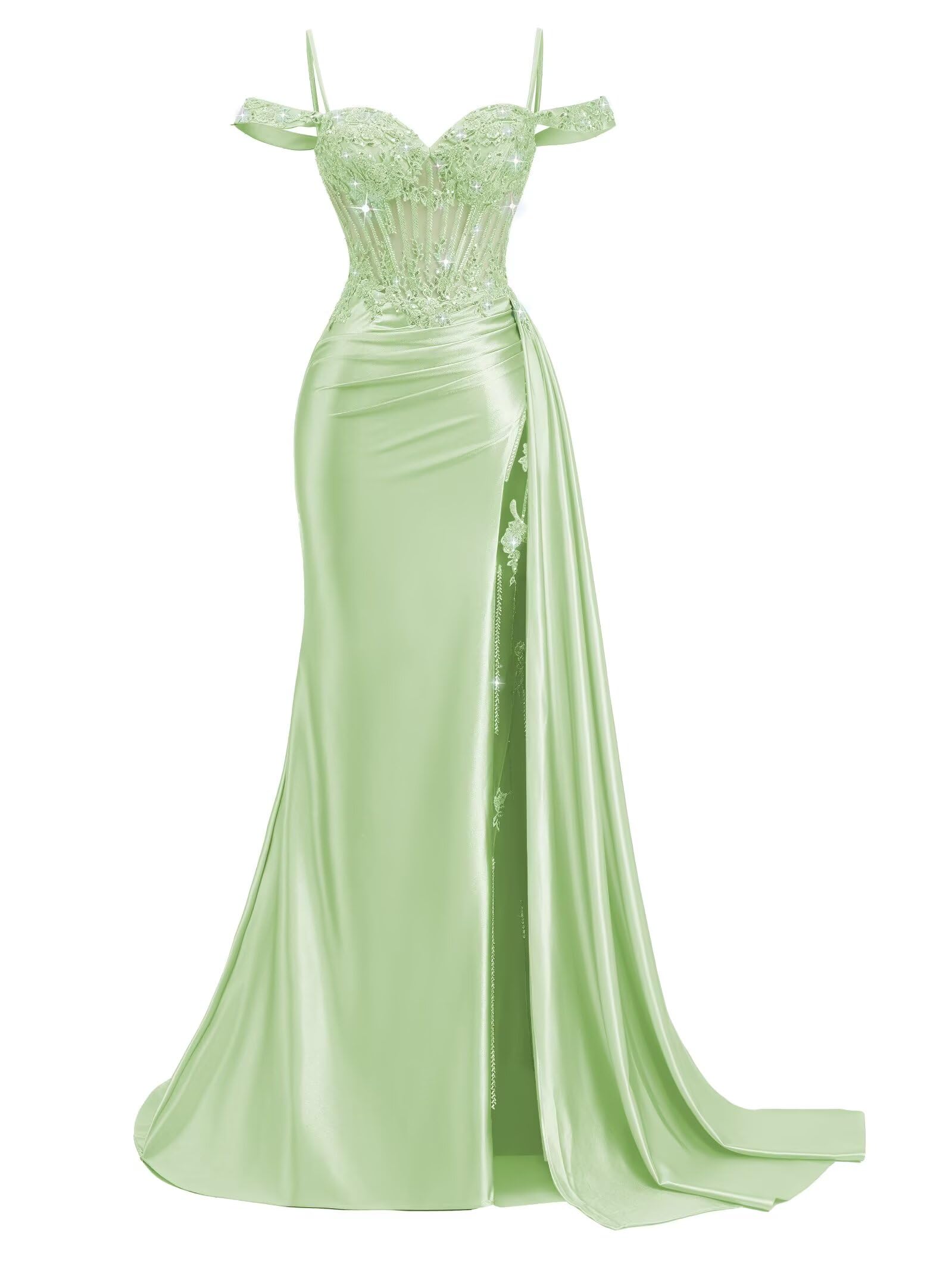 Off Shoulder Satin Prom Dresses 2026 Mermaid Beaded Formal Dresses Corset Lace Pleated Evening Dress with Slit Tail