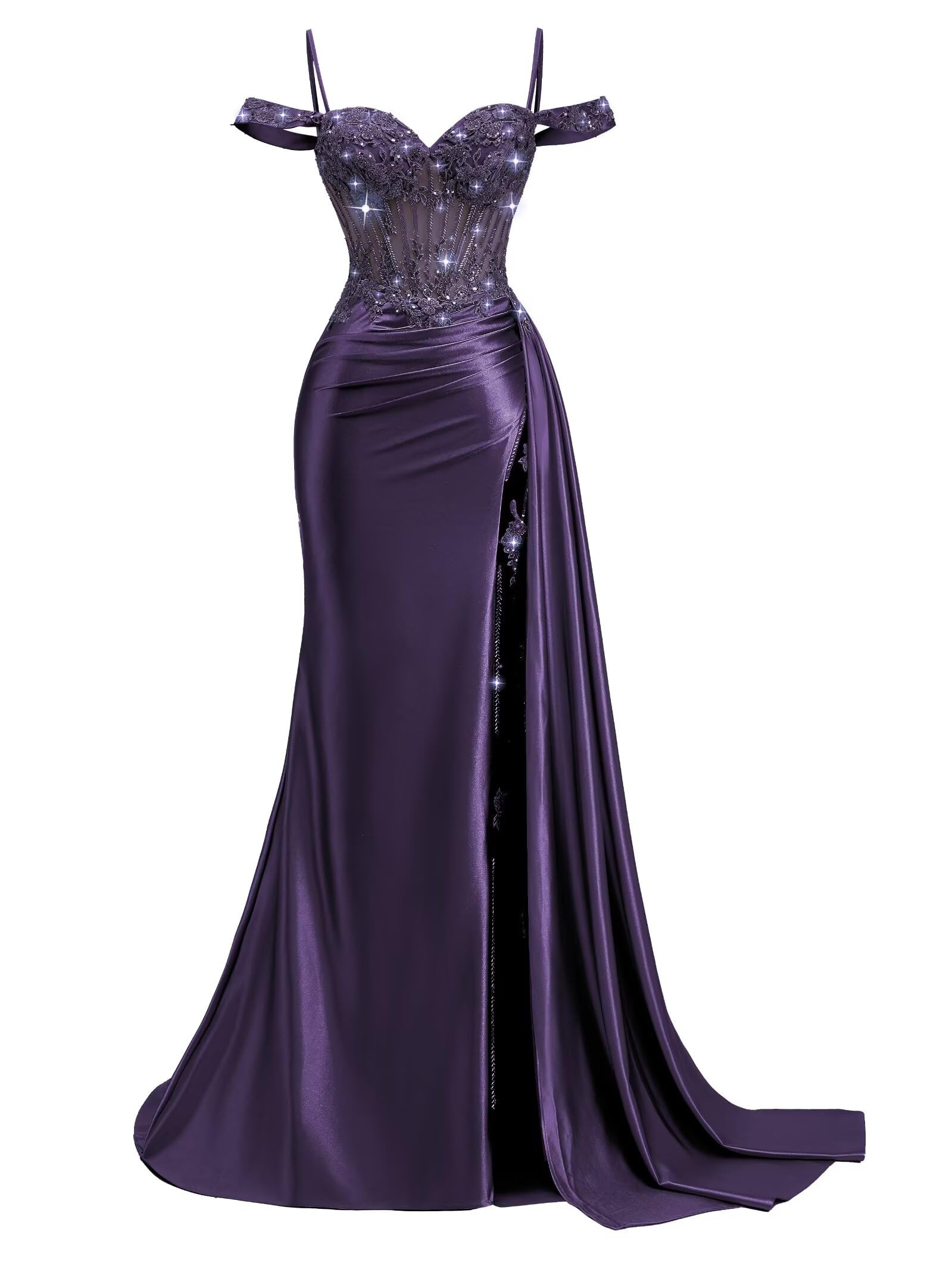 Off Shoulder Satin Prom Dresses 2026 Mermaid Beaded Formal Dresses Corset Lace Pleated Evening Dress with Slit Tail