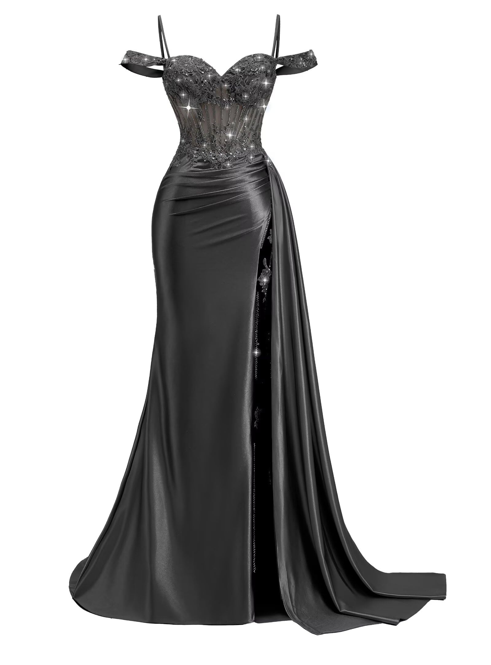 Off Shoulder Satin Prom Dresses 2026 Mermaid Beaded Formal Dresses Corset Lace Pleated Evening Dress with Slit Tail