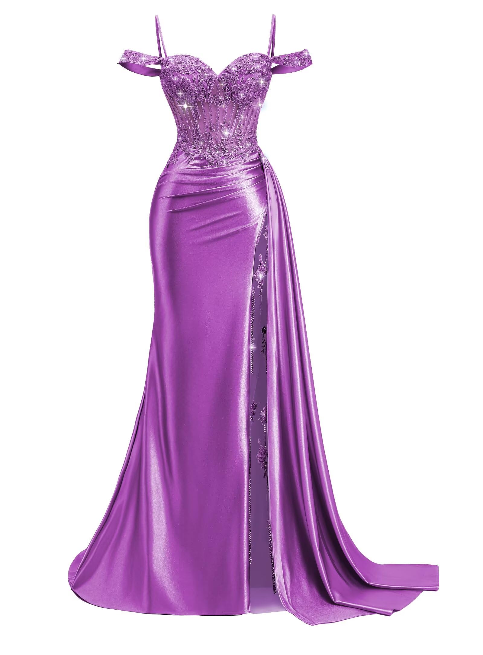 Off Shoulder Satin Prom Dresses 2026 Mermaid Beaded Formal Dresses Corset Lace Pleated Evening Dress with Slit Tail