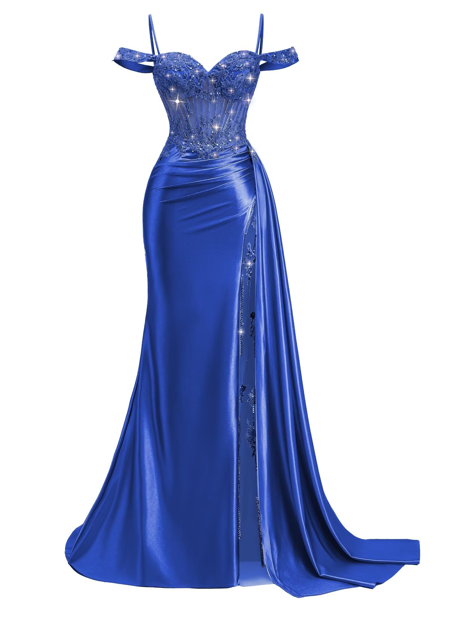 Off Shoulder Satin Prom Dresses 2026 Mermaid Beaded Formal Dresses Corset Lace Pleated Evening Dress with Slit Tail
