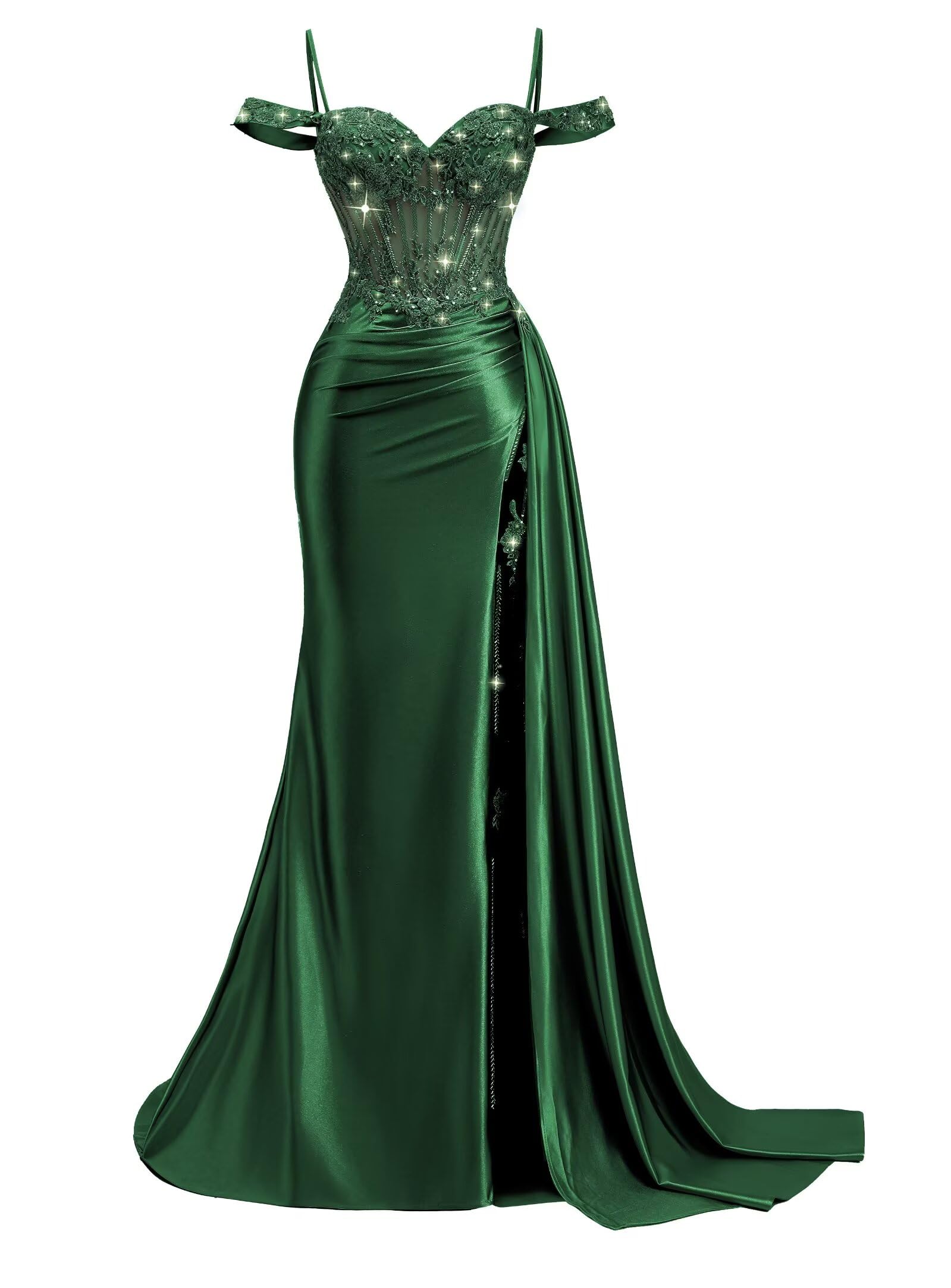 Off Shoulder Satin Prom Dresses 2026 Mermaid Beaded Formal Dresses Corset Lace Pleated Evening Dress with Slit Tail