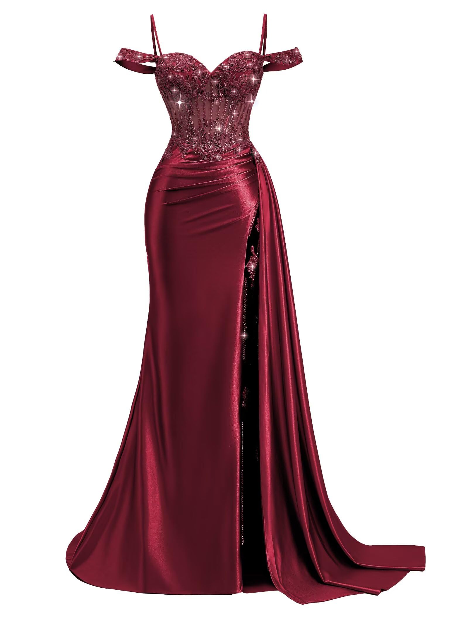 Off Shoulder Satin Prom Dresses 2026 Mermaid Beaded Formal Dresses Corset Lace Pleated Evening Dress with Slit Tail
