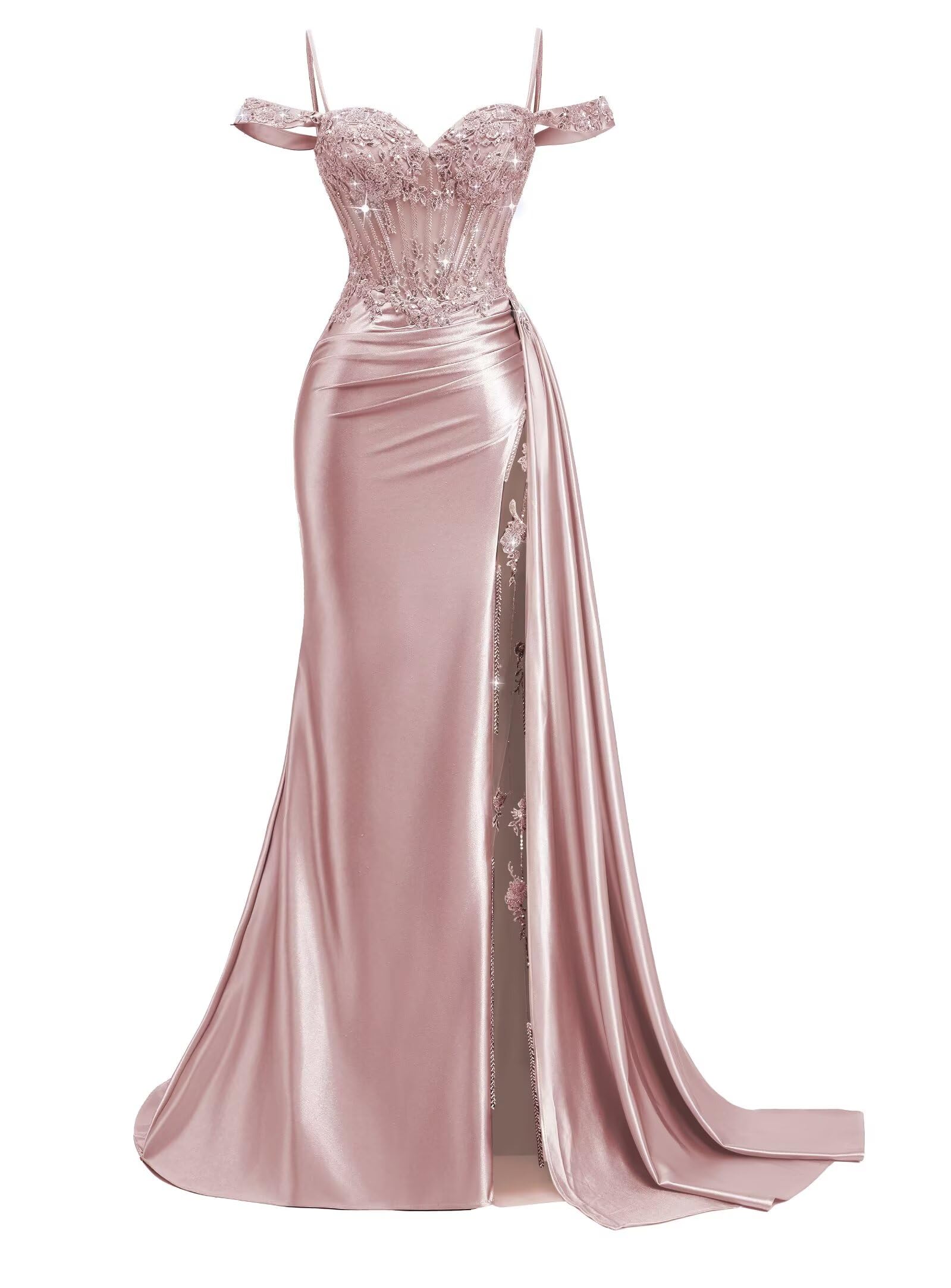 Off Shoulder Satin Prom Dresses 2026 Mermaid Beaded Formal Dresses Corset Lace Pleated Evening Dress with Slit Tail
