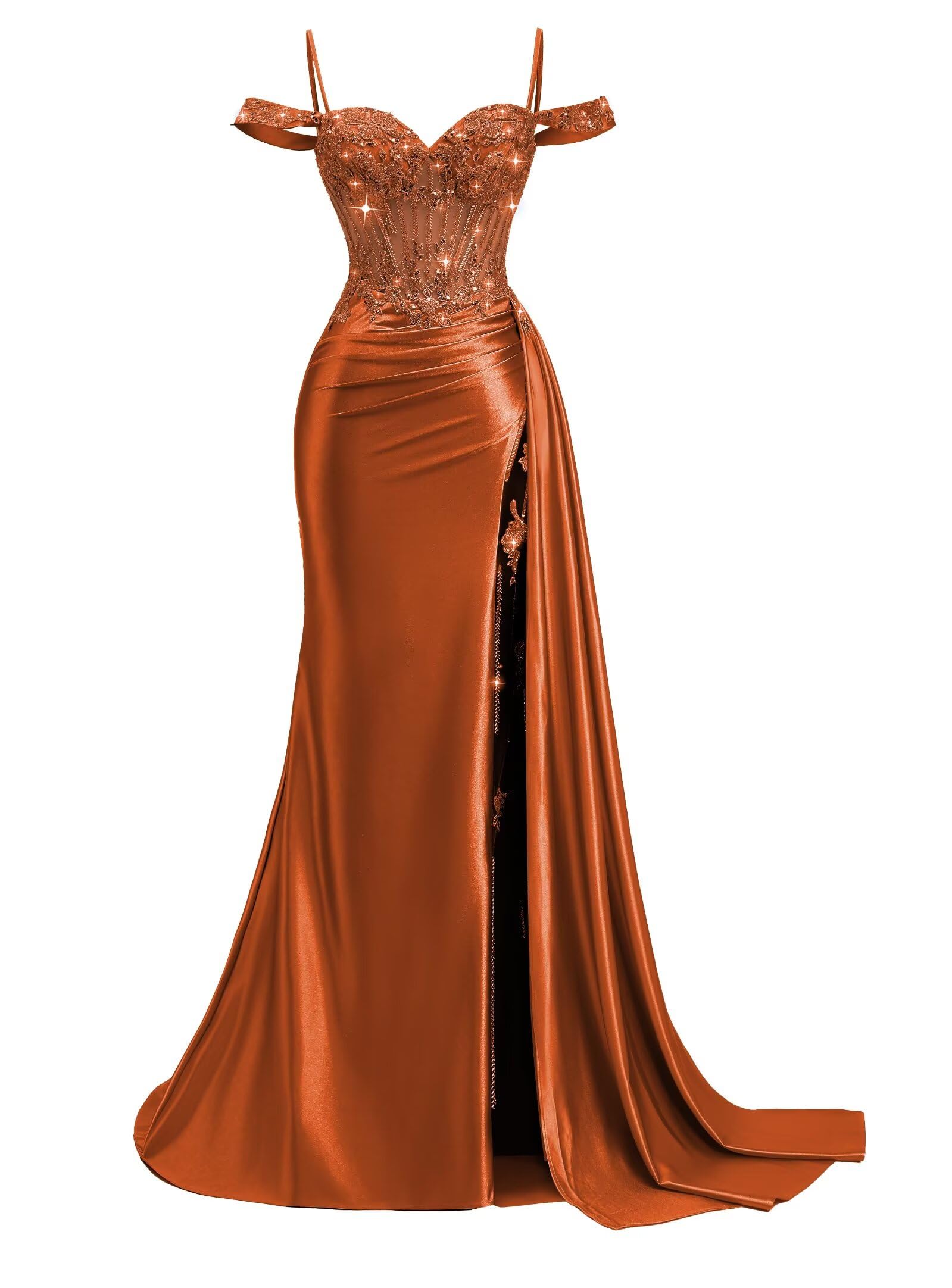 Off Shoulder Satin Prom Dresses 2026 Mermaid Beaded Formal Dresses Corset Lace Pleated Evening Dress with Slit Tail