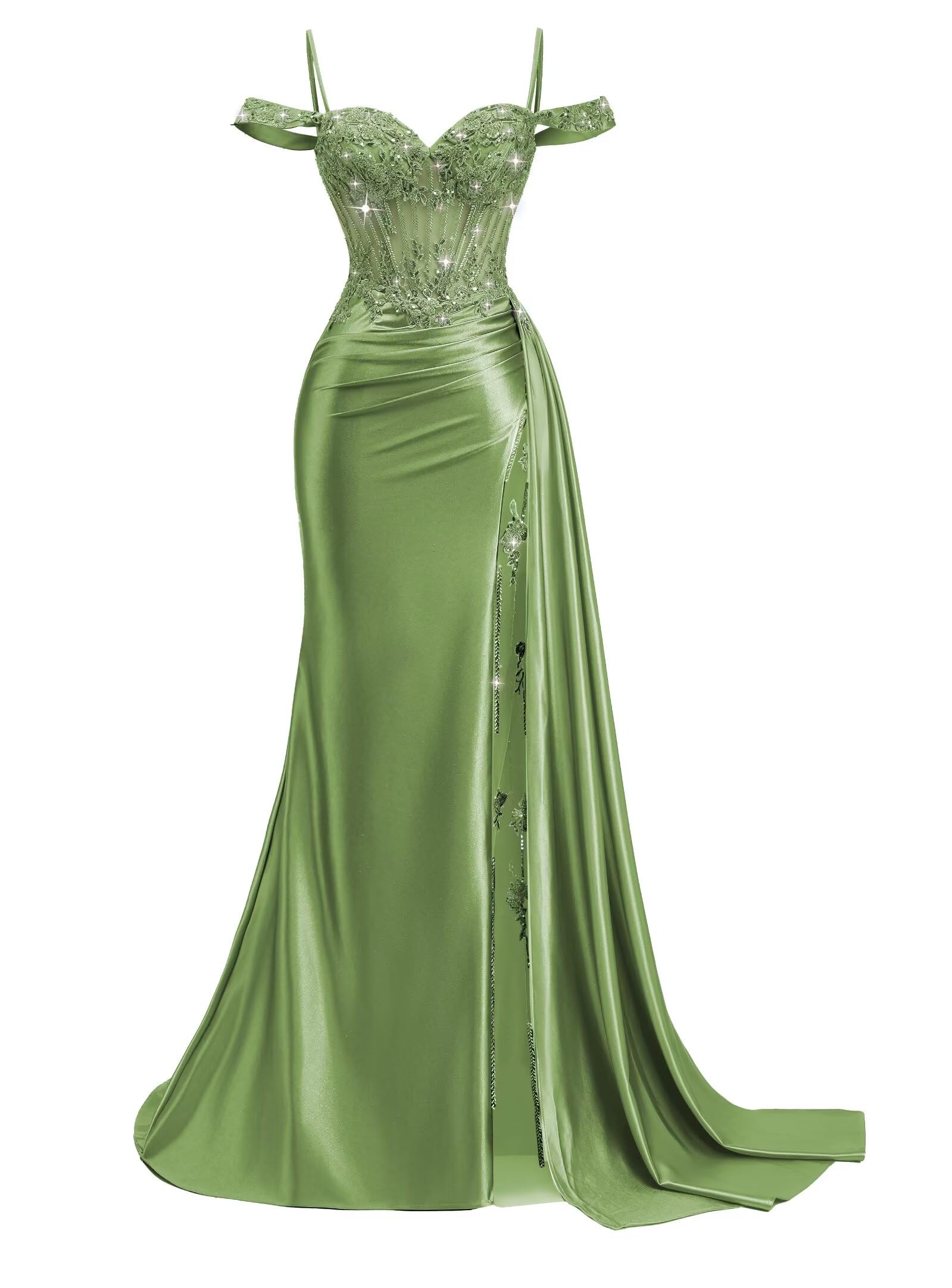 Off Shoulder Satin Prom Dresses 2026 Mermaid Beaded Formal Dresses Corset Lace Pleated Evening Dress with Slit Tail