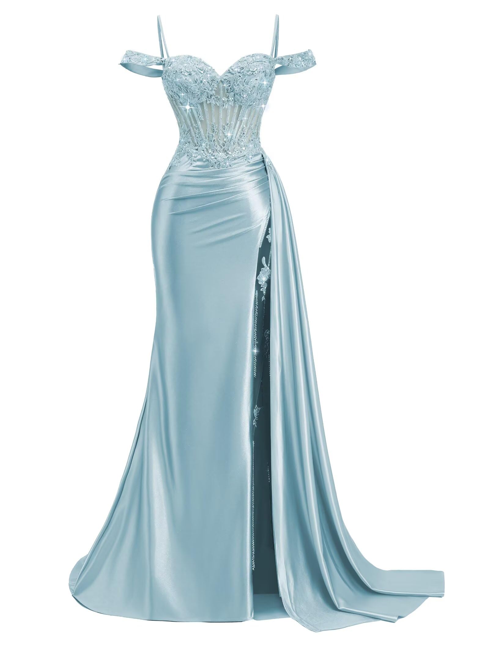 Off Shoulder Satin Prom Dresses 2026 Mermaid Beaded Formal Dresses Corset Lace Pleated Evening Dress with Slit Tail