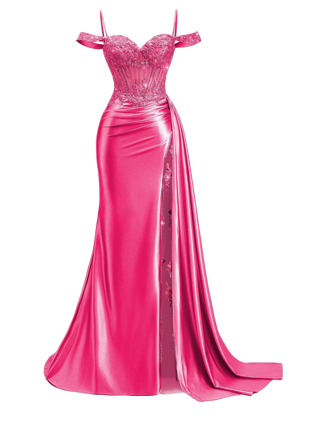 Off Shoulder Satin Prom Dresses 2026 Mermaid Beaded Formal Dresses Corset Lace Pleated Evening Dress with Slit Tail