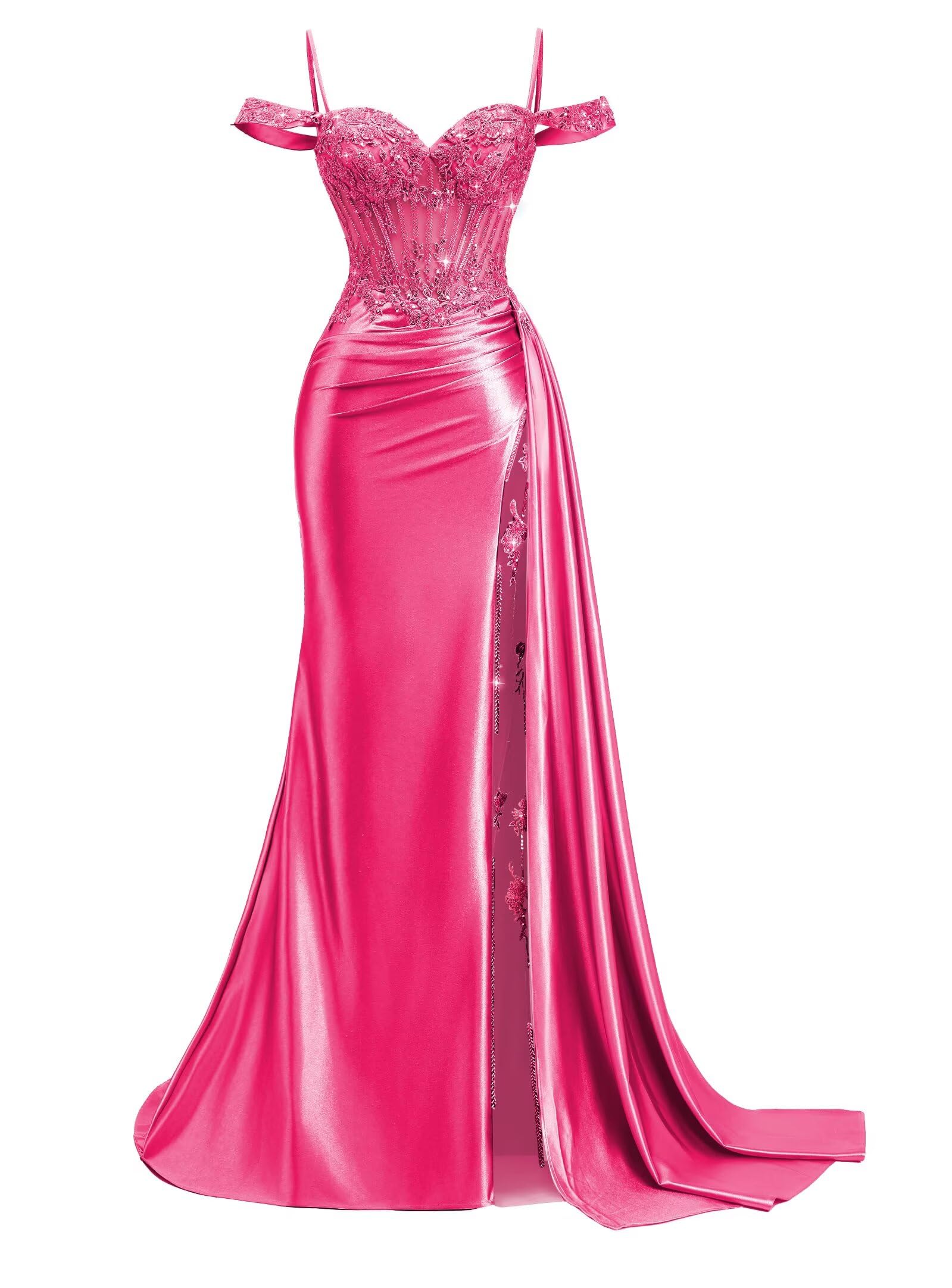 Off Shoulder Satin Prom Dresses 2026 Mermaid Beaded Formal Dresses Corset Lace Pleated Evening Dress with Slit Tail