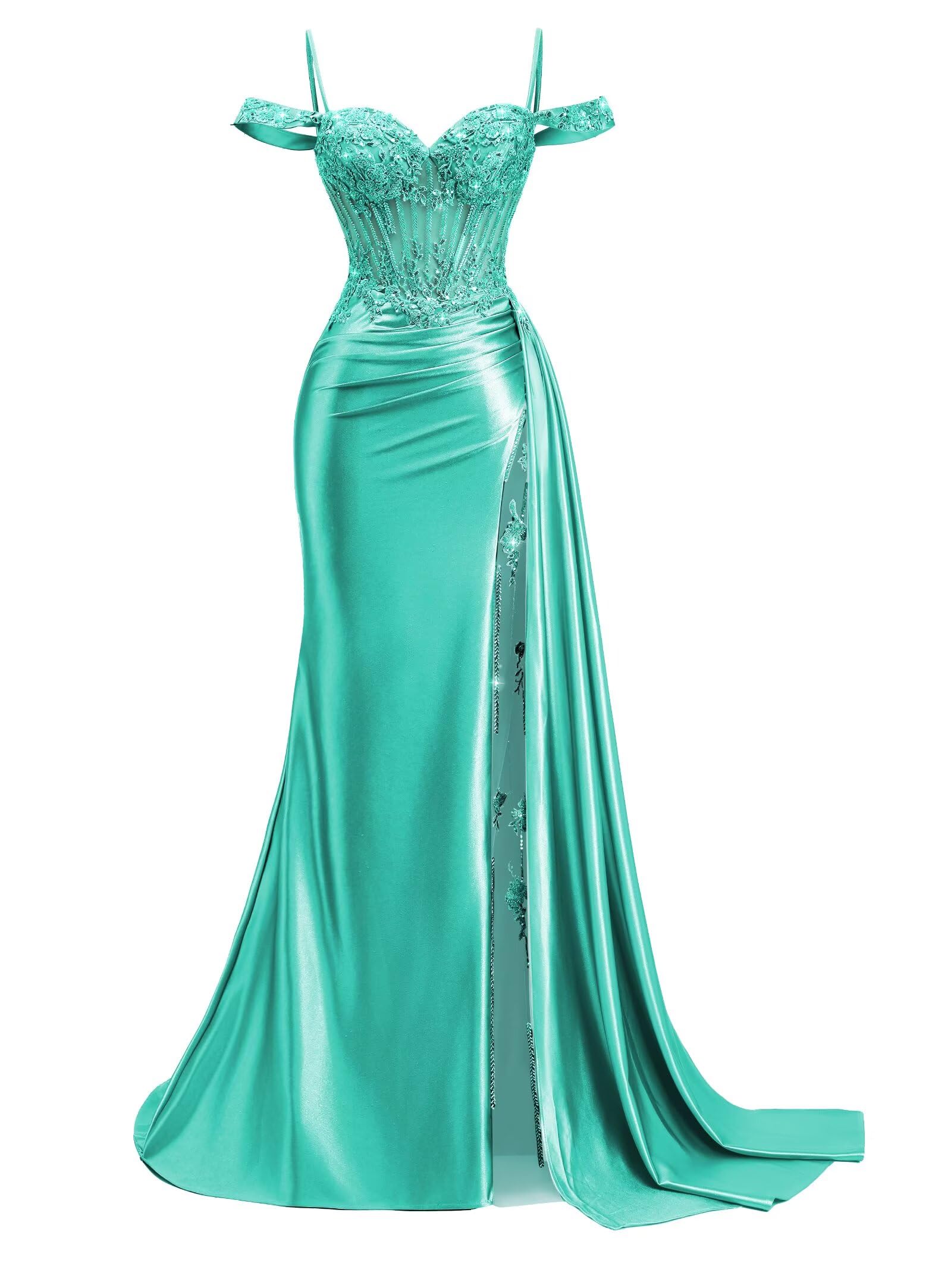 Off Shoulder Satin Prom Dresses 2026 Mermaid Beaded Formal Dresses Corset Lace Pleated Evening Dress with Slit Tail