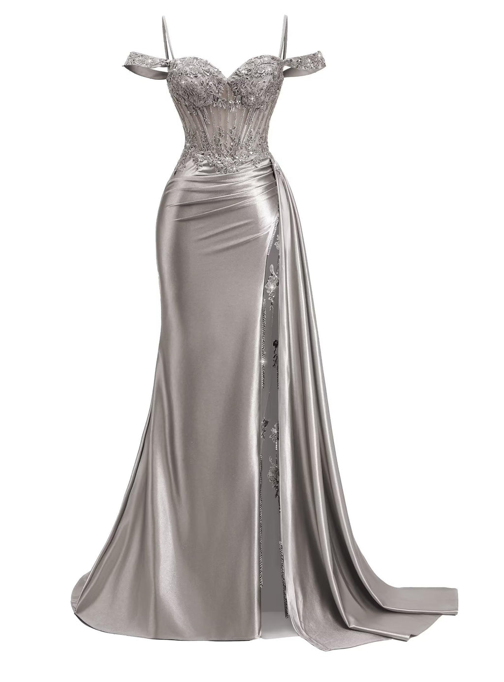 Off Shoulder Satin Prom Dresses 2026 Mermaid Beaded Formal Dresses Corset Lace Pleated Evening Dress with Slit Tail