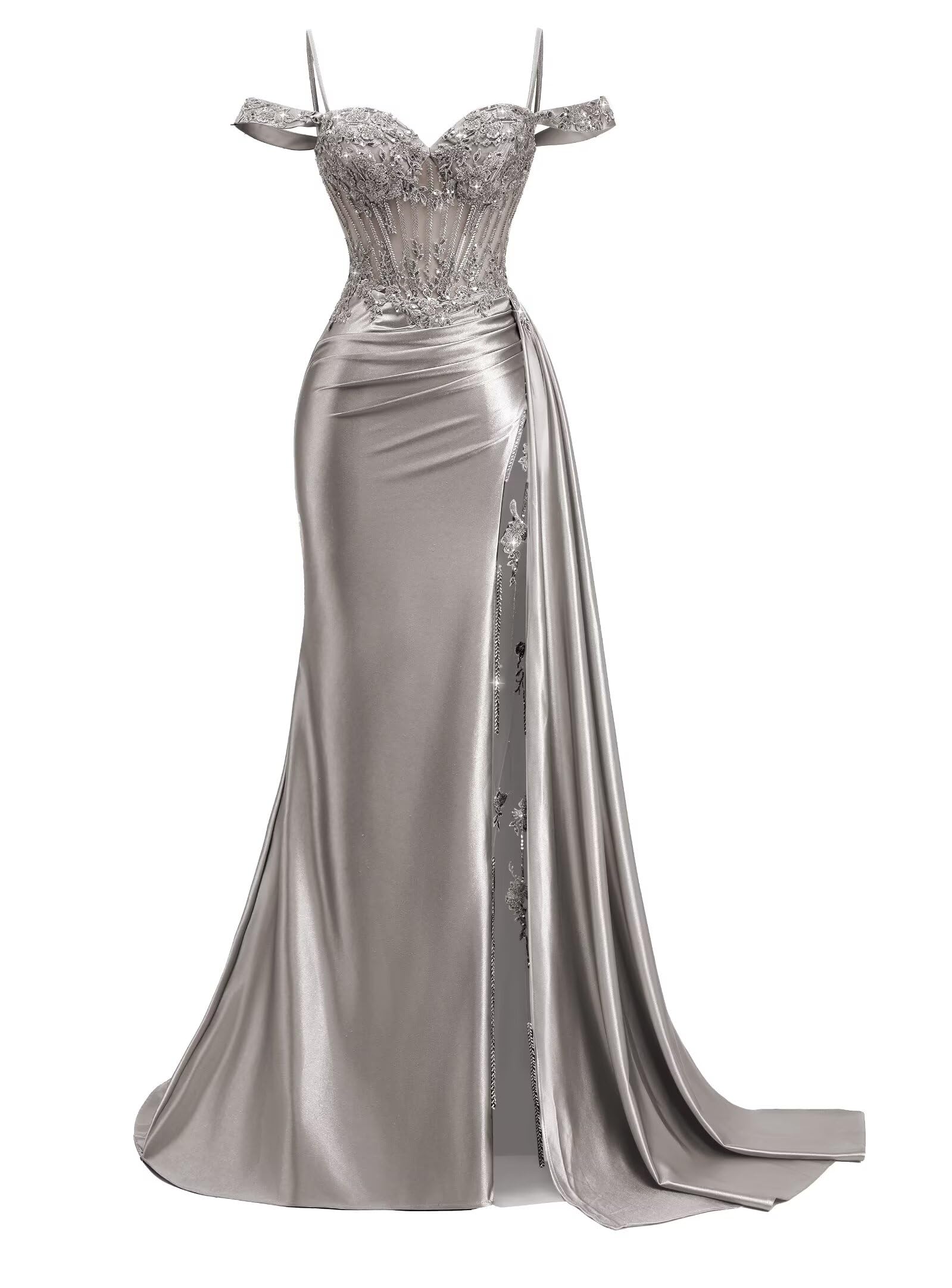 Off Shoulder Satin Prom Dresses 2026 Mermaid Beaded Formal Dresses Corset Lace Pleated Evening Dress with Slit Tail