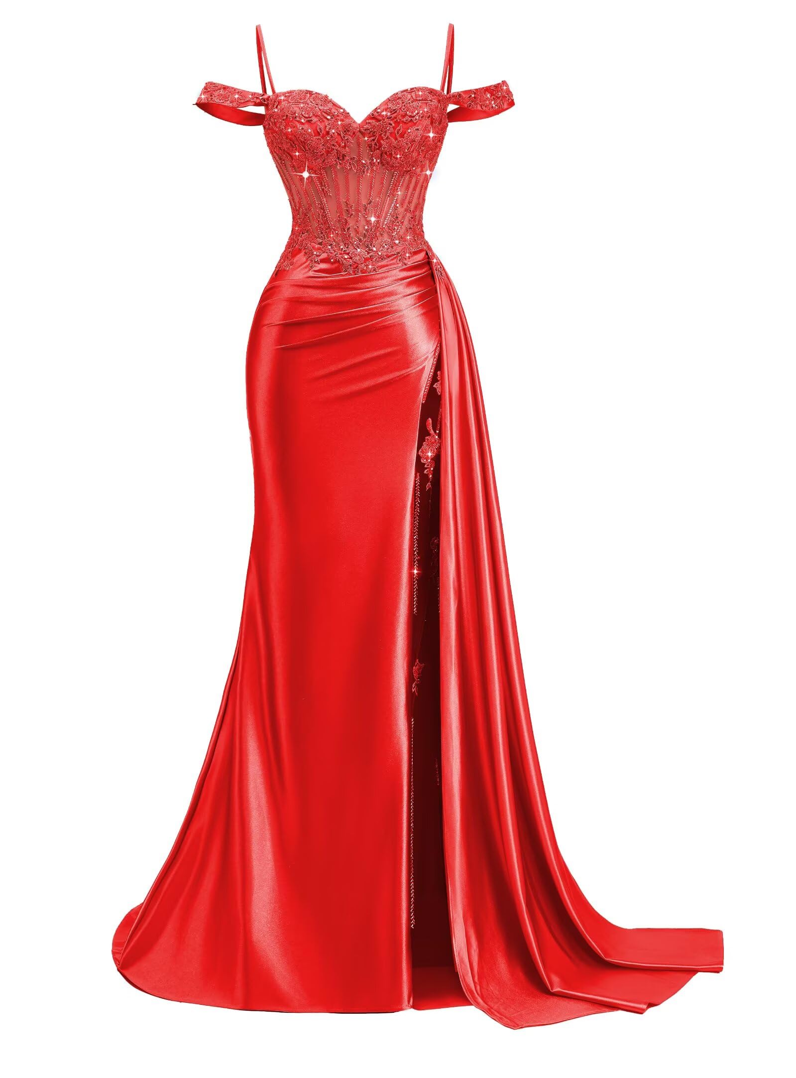 Off Shoulder Satin Prom Dresses 2026 Mermaid Beaded Formal Dresses Corset Lace Pleated Evening Dress with Slit Tail