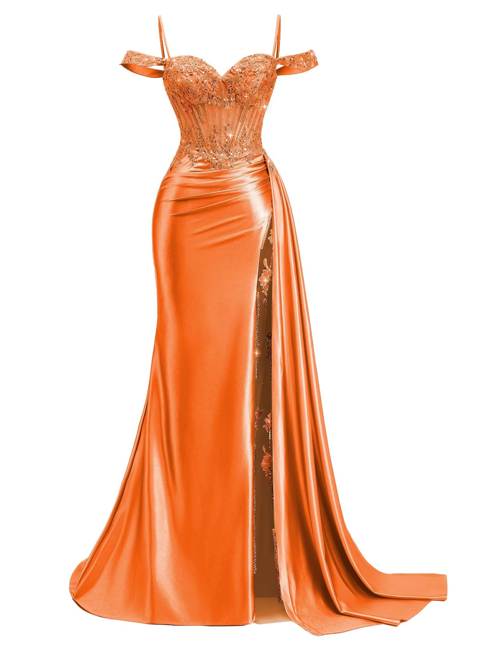 Off Shoulder Satin Prom Dresses 2026 Mermaid Beaded Formal Dresses Corset Lace Pleated Evening Dress with Slit Tail