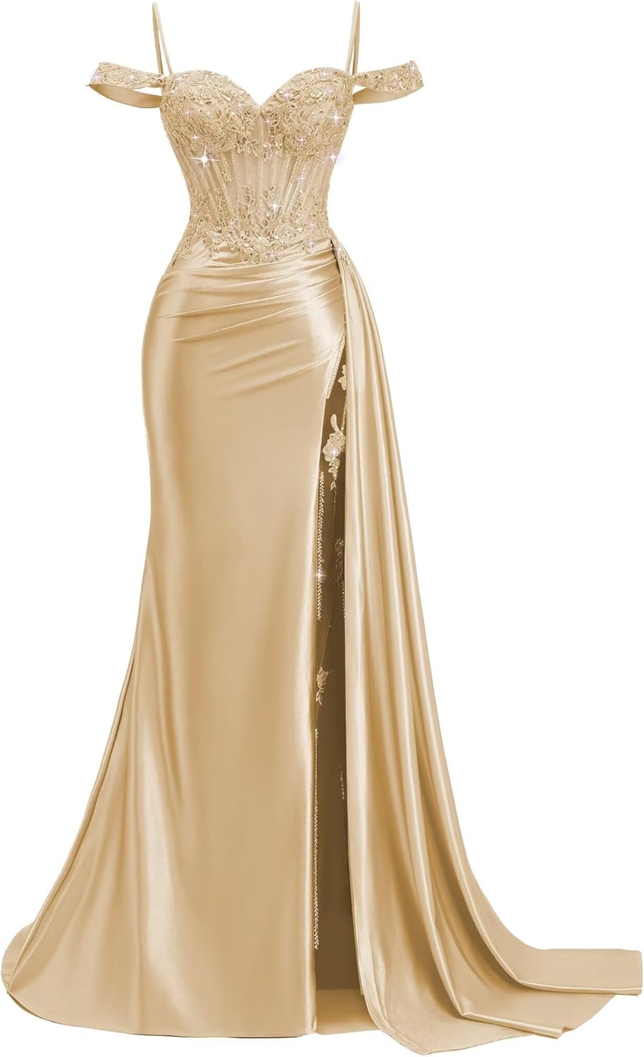 Off Shoulder Satin Prom Dresses 2026 Mermaid Beaded Formal Dresses Corset Lace Pleated Evening Dress with Slit Tail