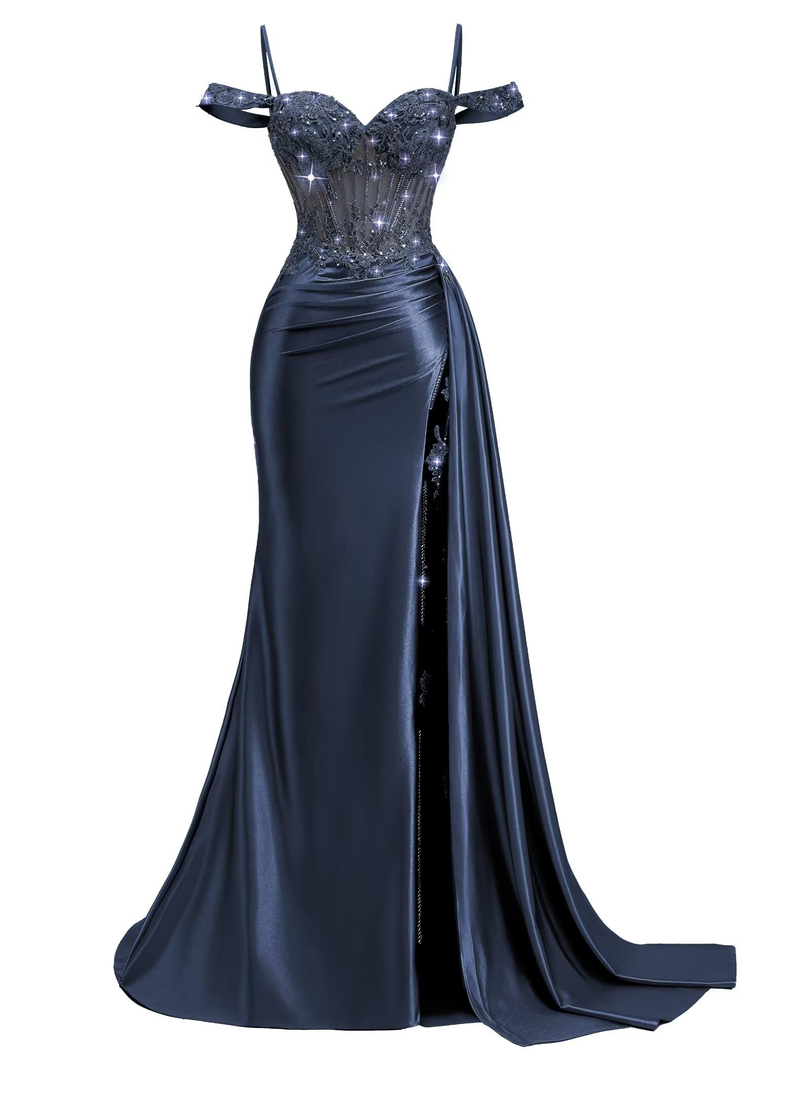 Off Shoulder Satin Prom Dresses 2026 Mermaid Beaded Formal Dresses Corset Lace Pleated Evening Dress with Slit Tail